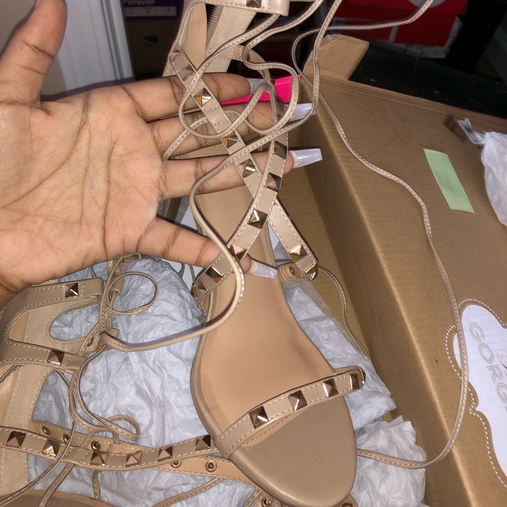 Nude Studded Lace Up Heels